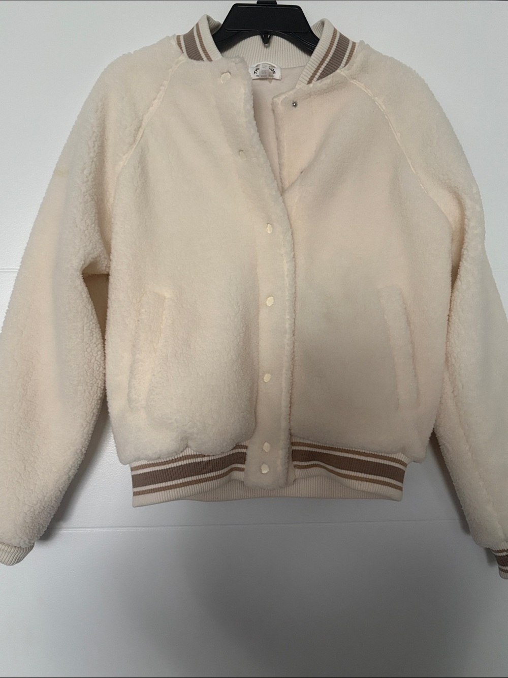 The Upside Cream Teddy Bomber with Striped Rib Trim